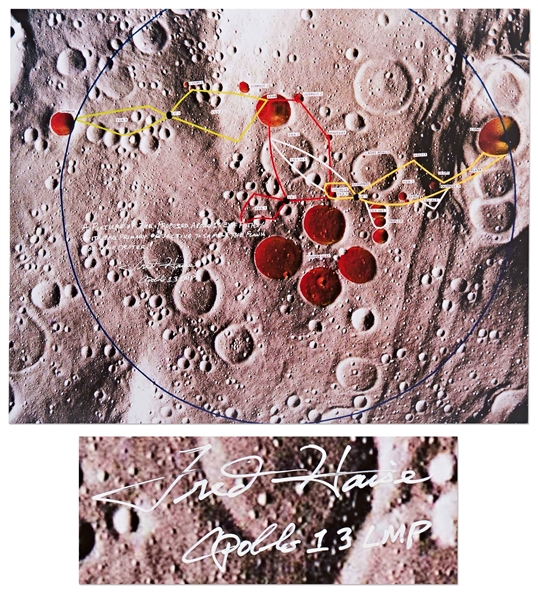 Fred Haise Signed 20'' x 16'' Lunar Photo of the Proposed EVA Route for Apollo 13