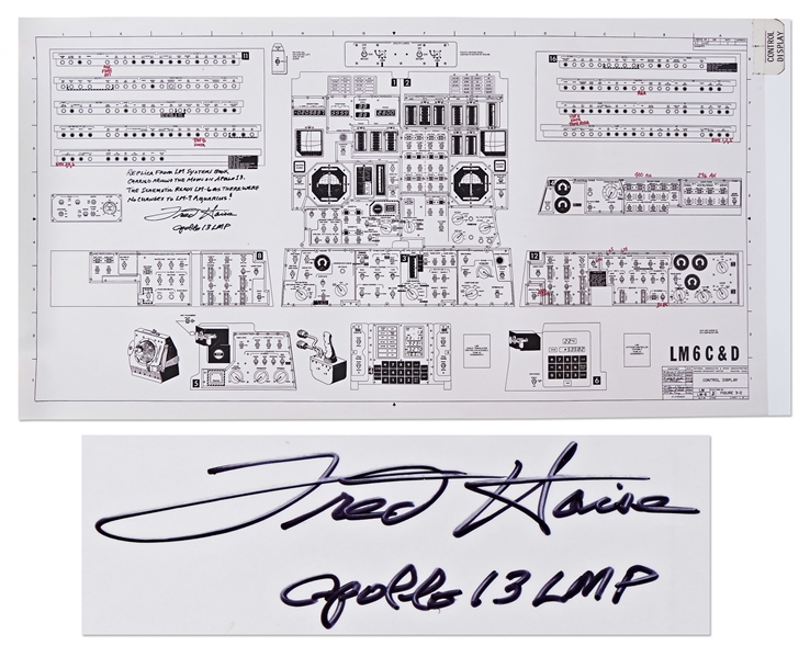 Fred Haise Signed Copy of the Lunar Module Schematic -- Measures 28'' x 14.5''