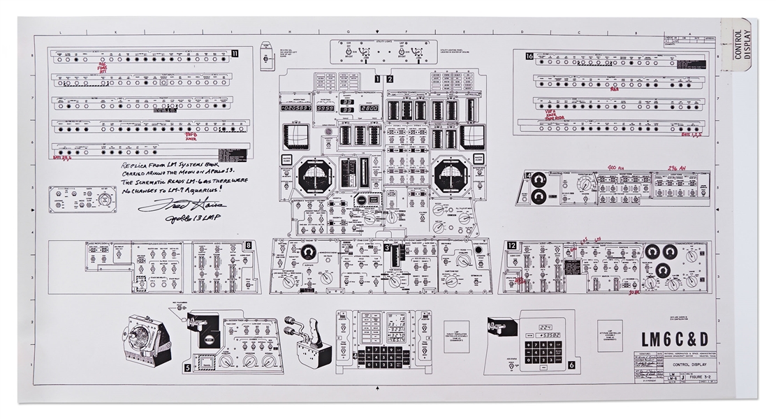 Fred Haise Signed Copy of the Lunar Module Schematic -- Measures 28'' x 14.5''