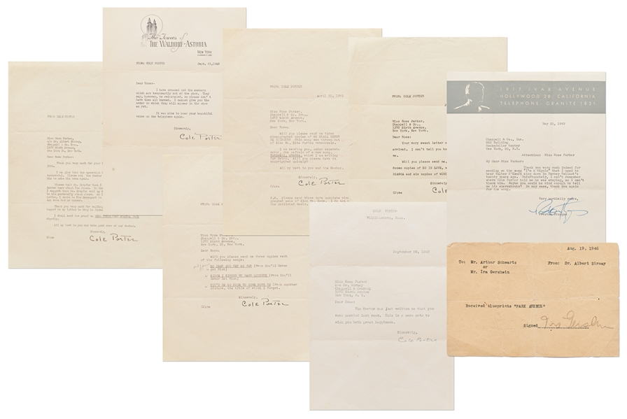 Lot of 8 Letters Signed by Cole Porter, Ira Gershwin & Preston Sturges -- Referencing Several Hit Songs from the 1940s