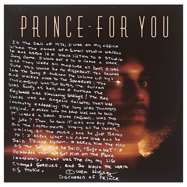 Prince's First Album ''For You'' with Handwritten Recollection by Owen Husney, the Man Who Discovered Prince -- ''...The musicianship was top notch, the guitar was funky as hell...''