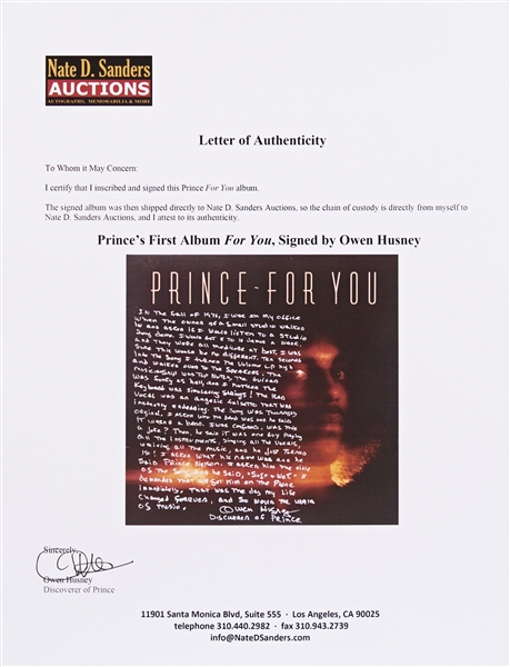 Prince's First Album ''For You'' with Handwritten Recollection by Owen Husney, the Man Who Discovered Prince -- ''...The musicianship was top notch, the guitar was funky as hell...''