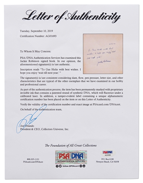 Jackie Robinson Signed First Edition, First Printing of His Autobiography ''Wait Till Next Year'' -- With PSA/DNA COA