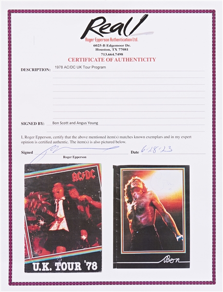 Bon Scott & Angus Young Signed AC/DC Tour Program from 1978 -- With Epperson COAs for Both Signatures