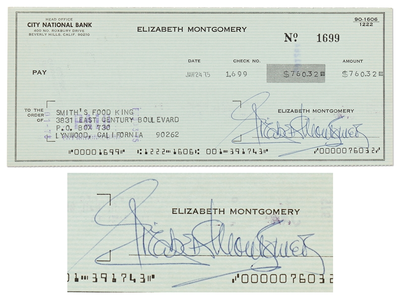 Elizabeth Montgomery Signed Check from 1975