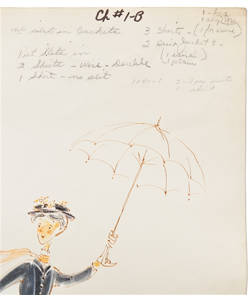 Original ''Mary Poppins'' Costume Sketch from the Famous ''Flying Umbrella'' Final Scene -- Large Sketch Measures 14.5'' x 23'', from the Estate of ''Mary Poppins'' Producer Bill Walsh