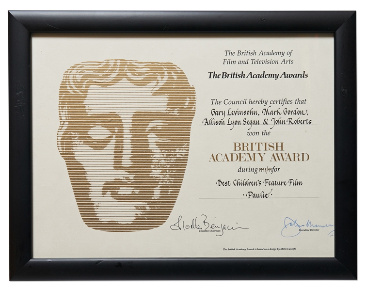 BAFTA Award Certificate for ''Paulie'' in the Category of Best Children's Feature Film