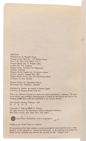 James Watson & Francis Crick Signed ''The Double Helix'' -- With University Archives COA