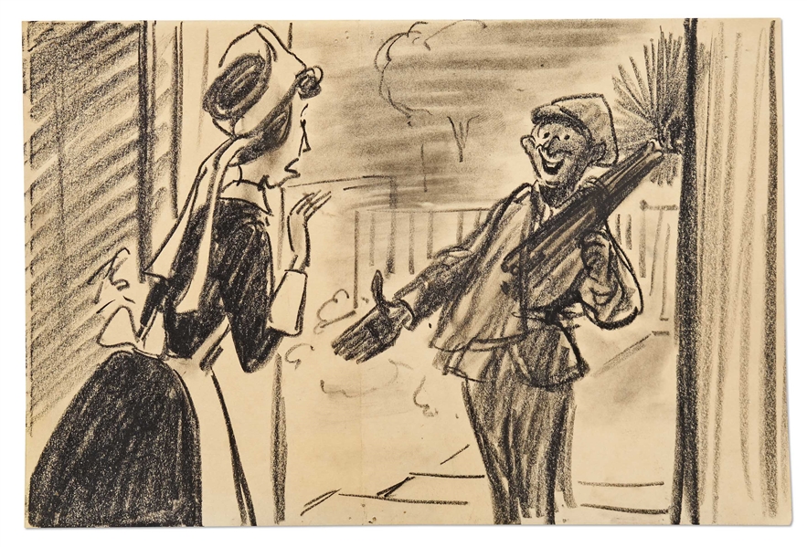 ''Mary Poppins'' Storyboard Artwork -- Bert the Chimney Sweeper Horrifies the Banks' Housekeeper