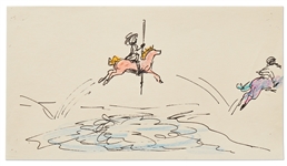 Mary Poppins Storyboard Artwork -- The Carousel Horses Jump Over the Pond in the Jolly Holiday Sequence