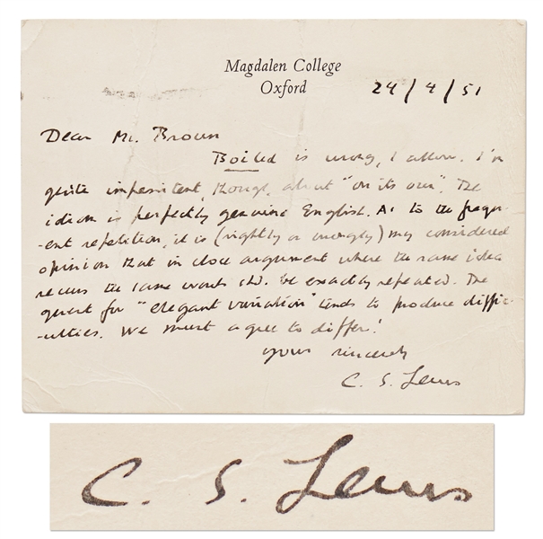 C.S. Lewis Autograph Letter Signed from 1951 During Publication of ''The Chronicles of Narnia'' -- ''...The quest for 'elegant variation' tends to produce difficulties...''