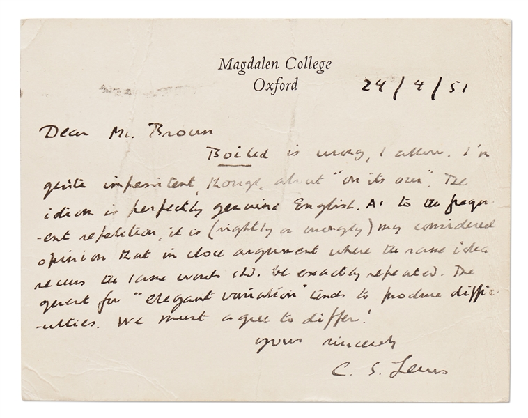 C.S. Lewis Autograph Letter Signed from 1951 During Publication of ''The Chronicles of Narnia'' -- ''...The quest for 'elegant variation' tends to produce difficulties...''