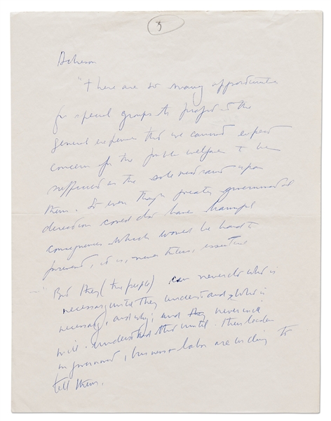 John F. Kennedy Full-Page Autograph Manuscript -- ''There are so many opportunities for special groups to profit at the general expense...''