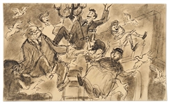 Mary Poppins Storyboard Artwork -- Showing Mr. Banks & Others Floating From Laughter