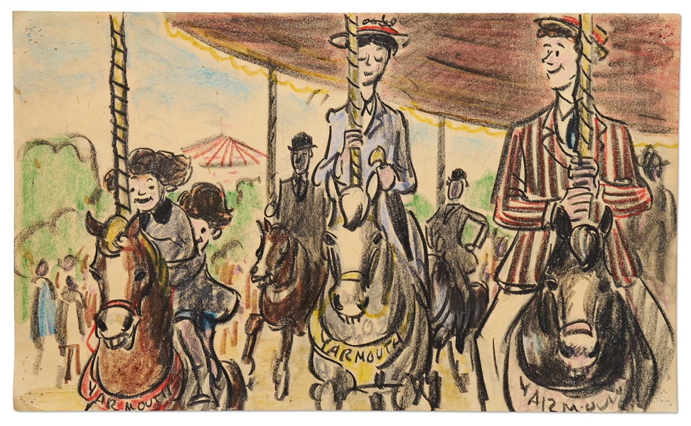 ''Mary Poppins'' Storyboard Artwork -- Mary Poppins and Bert Ride the Carousel Horses