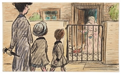 Mary Poppins Storyboard Artwork -- Mary Poppins, Jane and Michael Watch Miss Lark With Andrew the Dog