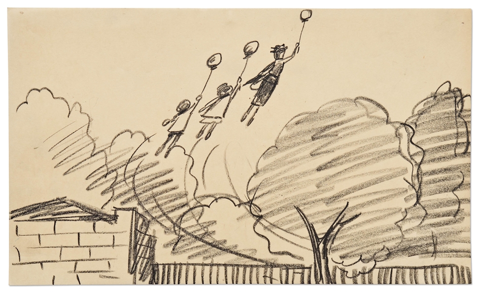 ''Mary Poppins'' Storyboard Artwork -- Mary Poppins, Michael and Jane Float Into the Sky by Balloons