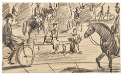 Mary Poppins Storyboard Artwork -- Mary Poppins Is Surrounded by a Bustling London Park Scene With Andrew the Dog at Her Feet