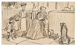 Mary Poppins Storyboard Artwork -- Miss Lark Pleads With the Dogs as Mary and the Children Look on