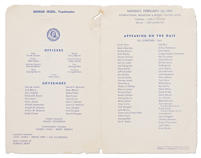 Dean Martin, Tony Curtis, Milton Berle, Kirk Douglas and Buddy Hackett Signed Friar's Club Program for a Roast of Leo Durocher