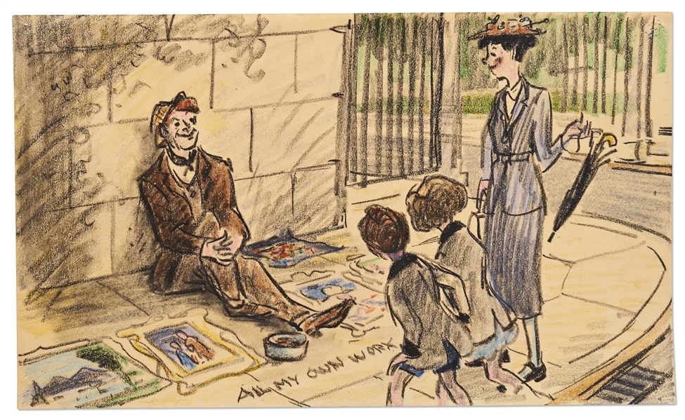 ''Mary Poppins'' Storyboard Artwork -- Mary Poppins, Jane and Michael Meet Bert the Chalk Artist