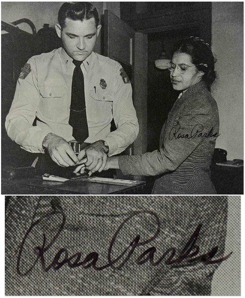 Rosa Parks Signed 10'' x 8'' Photo of Her Being Booked After Her Arrest -- With JSA COA