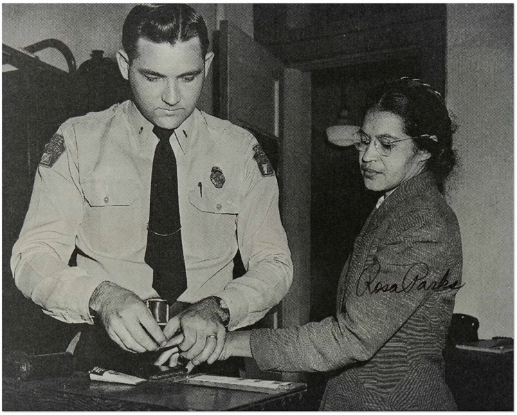 Rosa Parks Signed 10'' x 8'' Photo of Her Being Booked After Her Arrest -- With JSA COA