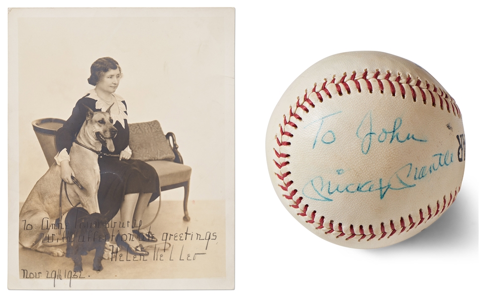 Mickey Mantle Signed Baseball and Helen Keller Signed 8 x 10 Photo