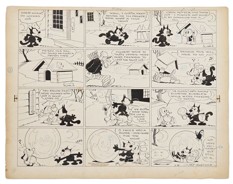 Original ''Felix the Cat'' Sunday Strip from 1933 by Otto Messmer -- Felix and His Dog Friend Find a Creative Solution to the Cold