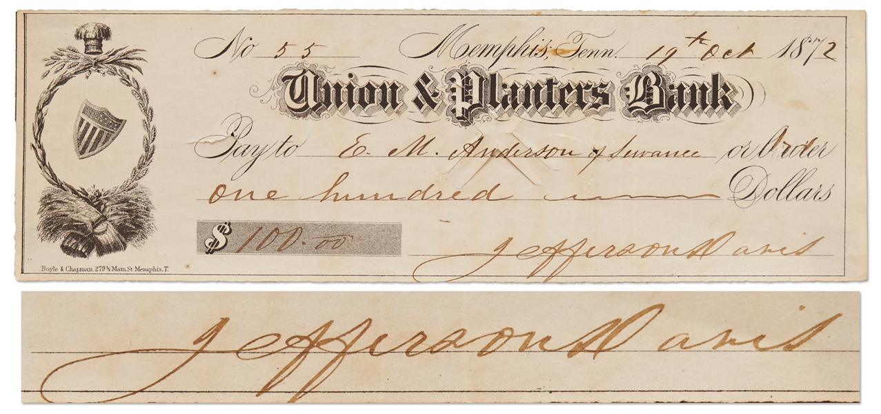 Jefferson Davis Handwritten Check Signed from 1872 -- With Full Signature ''Jefferson Davis''