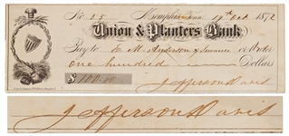 Jefferson Davis Handwritten Check Signed from 1872 -- With Full Signature Jefferson Davis