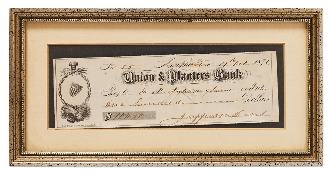 Jefferson Davis Handwritten Check Signed from 1872 -- With Full Signature ''Jefferson Davis''