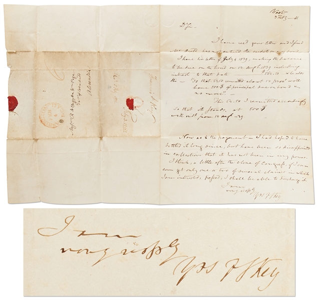 Francis Scott Key Autograph Letter Signed from 1841 Regarding a Bond Payment -- ''...I had hoped to have it settled long since...''