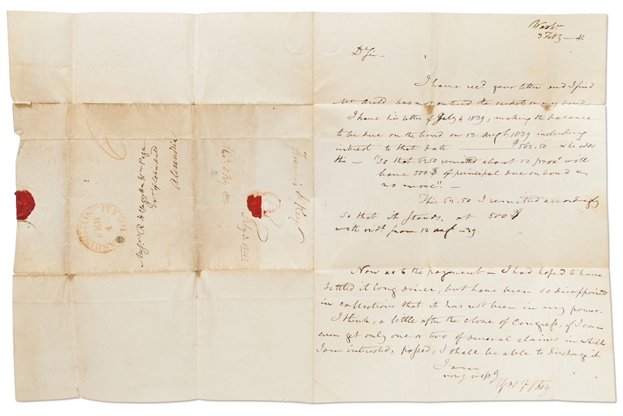 Francis Scott Key Autograph Letter Signed from 1841 Regarding a Bond Payment -- ''...I had hoped to have it settled long since...''