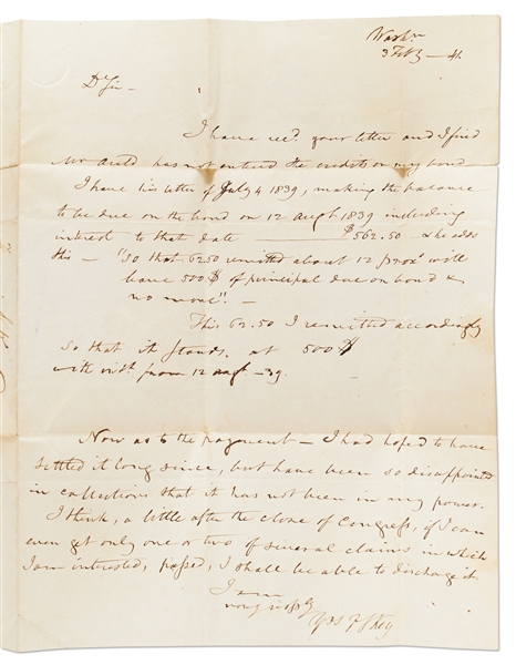 Francis Scott Key Autograph Letter Signed from 1841 Regarding a Bond Payment -- ''...I had hoped to have it settled long since...''