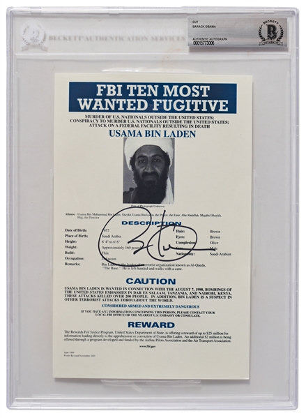 Barack Obama Signed Souvenir Photo of Osama bin Laden's FBI Most Wanted Poster -- Beckett Slabbed