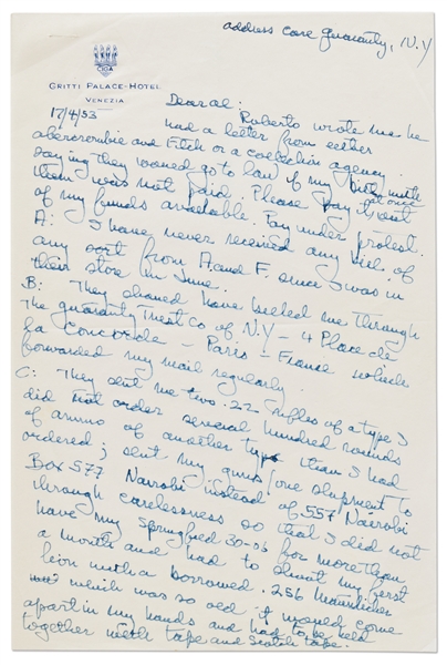 Ernest Hemingway Autograph Letter Signed -- ''...had to shoot my first lion with a borrowed .256 Mannlicher...'' & plane crash: ''...fingers burned and left hand 3rd degree too, so couldn't type...''