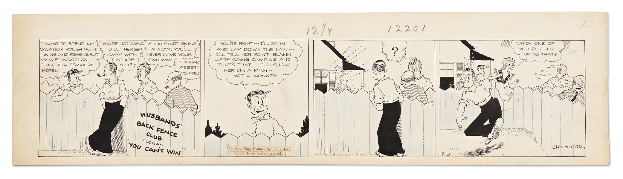 Chic Young Hand-Drawn ''Blondie'' Comic Strip From 1933 -- Blondie Breaks Up the ''Husbands' Back Fence Club''