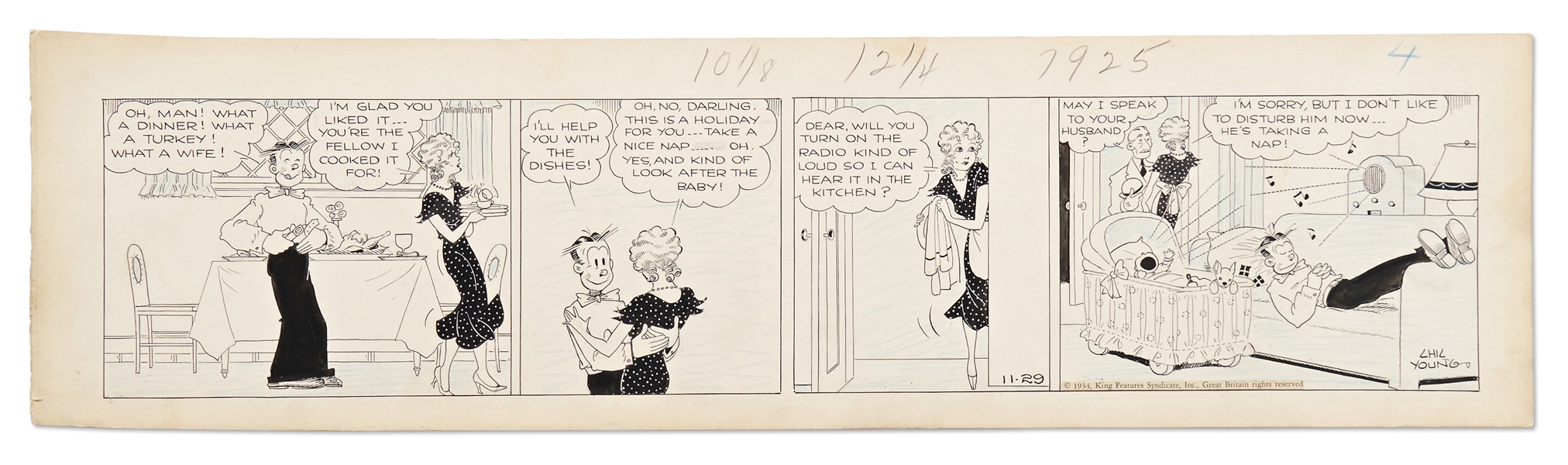 Chic Young Hand-Drawn ''Blondie'' Comic Strip From 1934 -- Thanksgiving Day Theme