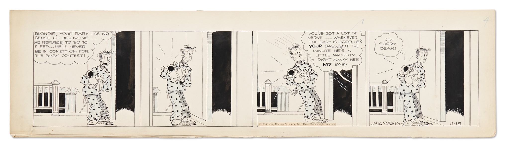 Chic Young Hand-Drawn ''Blondie'' Comic Strip From 1934 -- Dagwood & Blondie Are New Parents