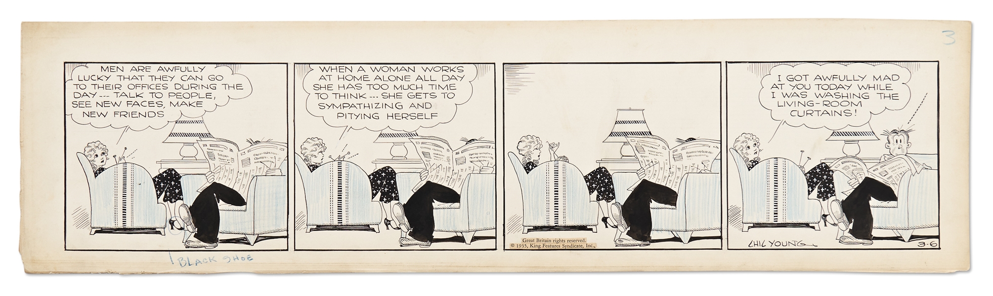 Chic Young Hand-Drawn ''Blondie'' Comic Strip From 1935 -- Blondie Takes Out Her Housewife Frustrations on Dagwood