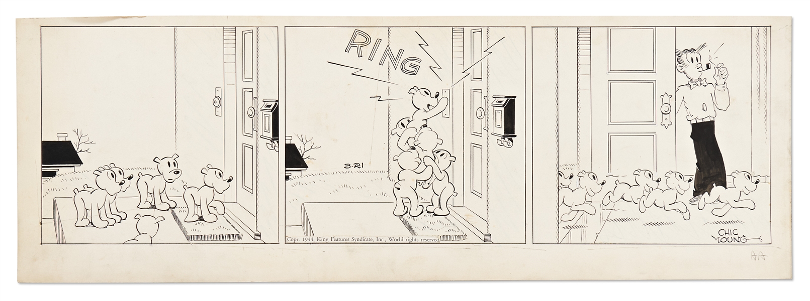 Chic Young Hand-Drawn ''Blondie'' Comic Strip From 1944 -- Daisy's Puppies Show Their Intelligence