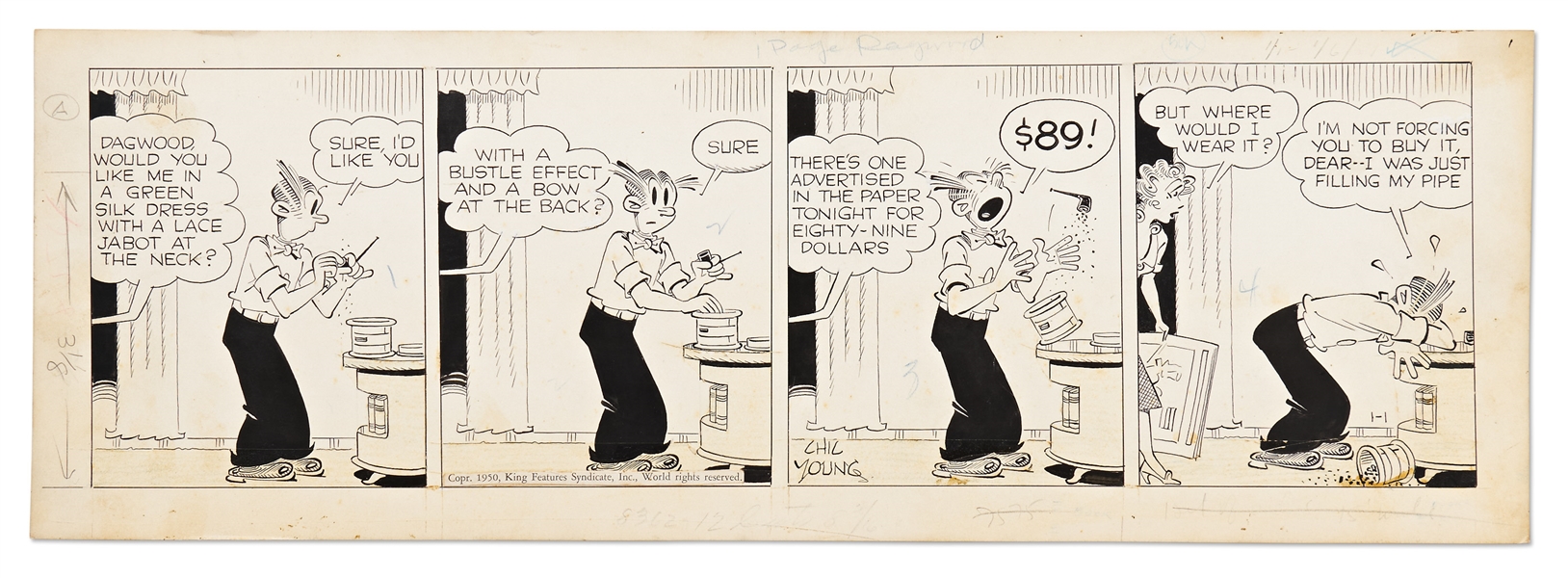 Chic Young Hand-Drawn ''Blondie'' Comic Strip From New Year's Day, 1950 -- Dagwood Loses His Pipe Over the Cost of Blondie's Dress