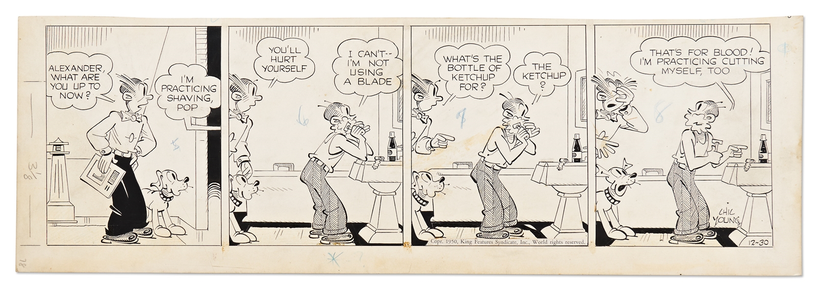 Chic Young Hand-Drawn ''Blondie'' Comic Strip From 1950 -- Alexander Practices Shaving