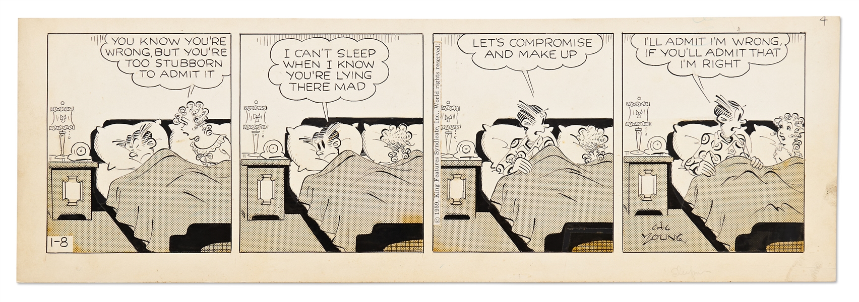 Chic Young Hand-Drawn ''Blondie'' Comic Strip From 1959 -- Dagwood Has a Clever Idea to Resolve an Argument with Blondie