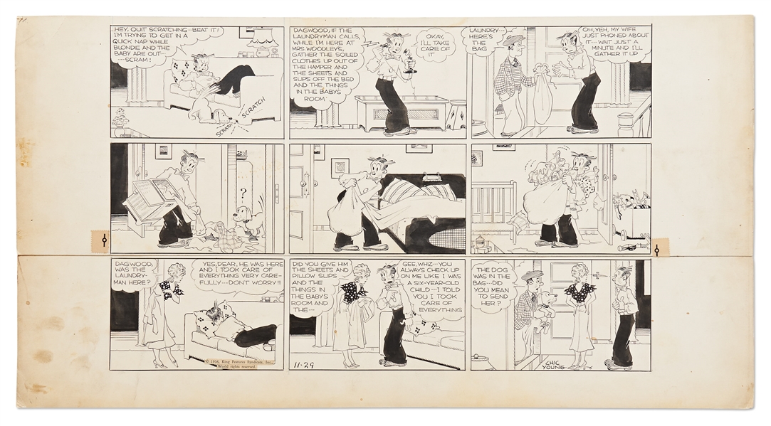 Chic Young Hand-Drawn ''Blondie'' Sunday Comic Strip From 1936 -- Dagwood Sends the Dog to the Laundry