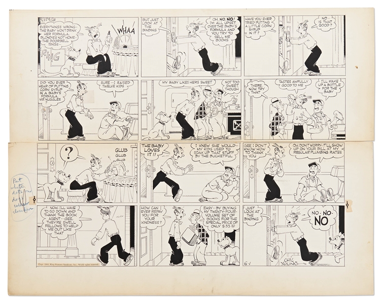 Chic Young Hand-Drawn ''Blondie'' Sunday Comic Strip From 1941 -- Dagwood's in Charge of the Baby