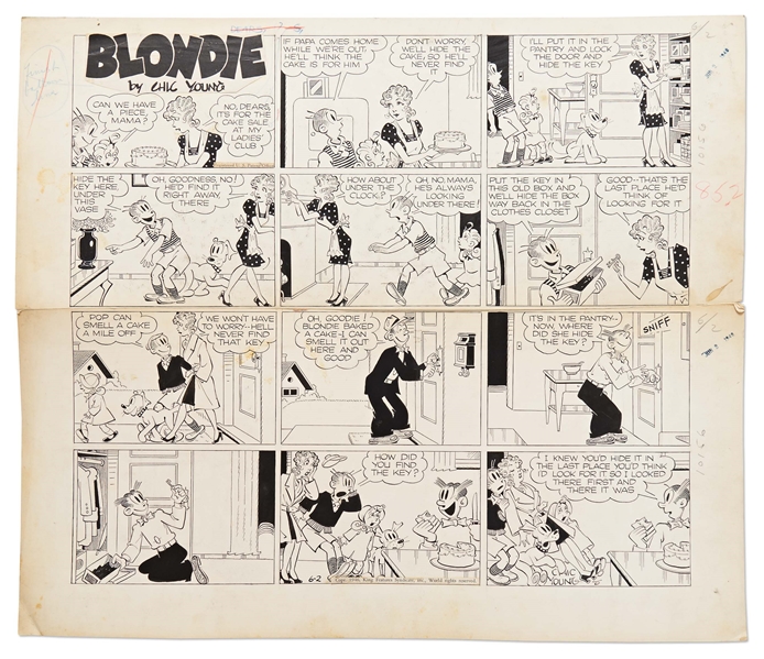 Chic Young Hand-Drawn ''Blondie'' Sunday Comic Strip From 1946 -- Dagwood Figures Out Blondie's Hiding Spot