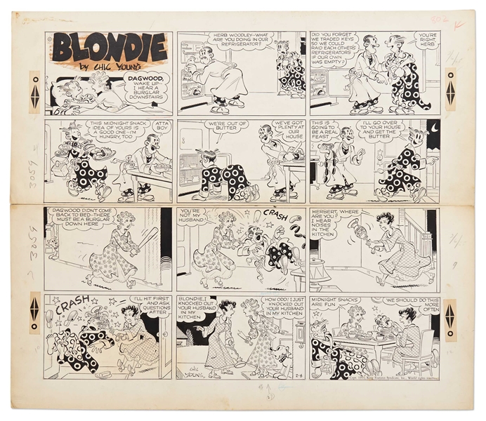 Chic Young Hand-Drawn ''Blondie'' Sunday Comic Strip From 1955 -- Blondie and Tootsie Woodley Knock Out Each Other's Husbands