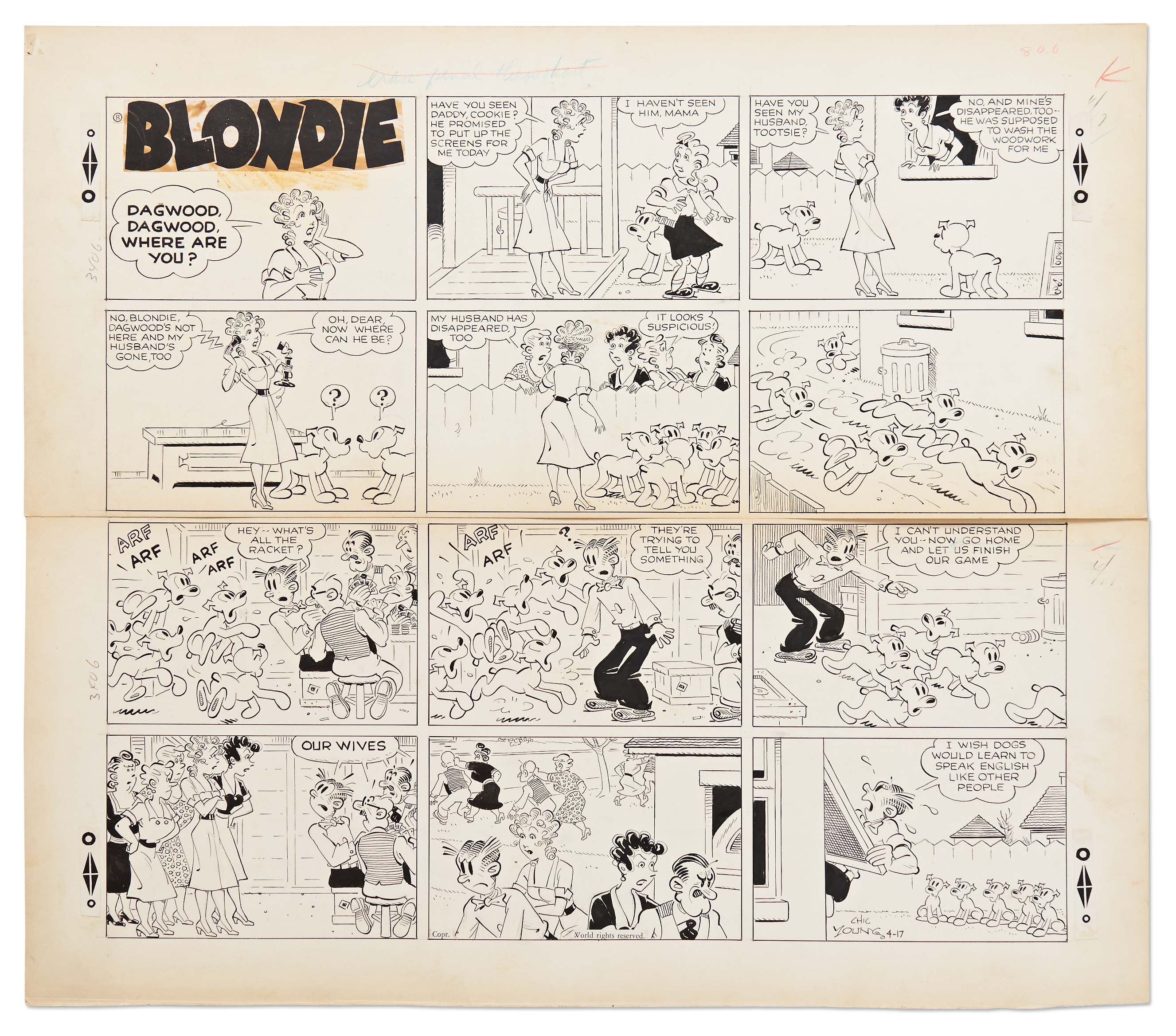 Lot Detail Chic Young Hand Drawn Blondie Sunday Comic Strip From 1955 Daisy And The 7028